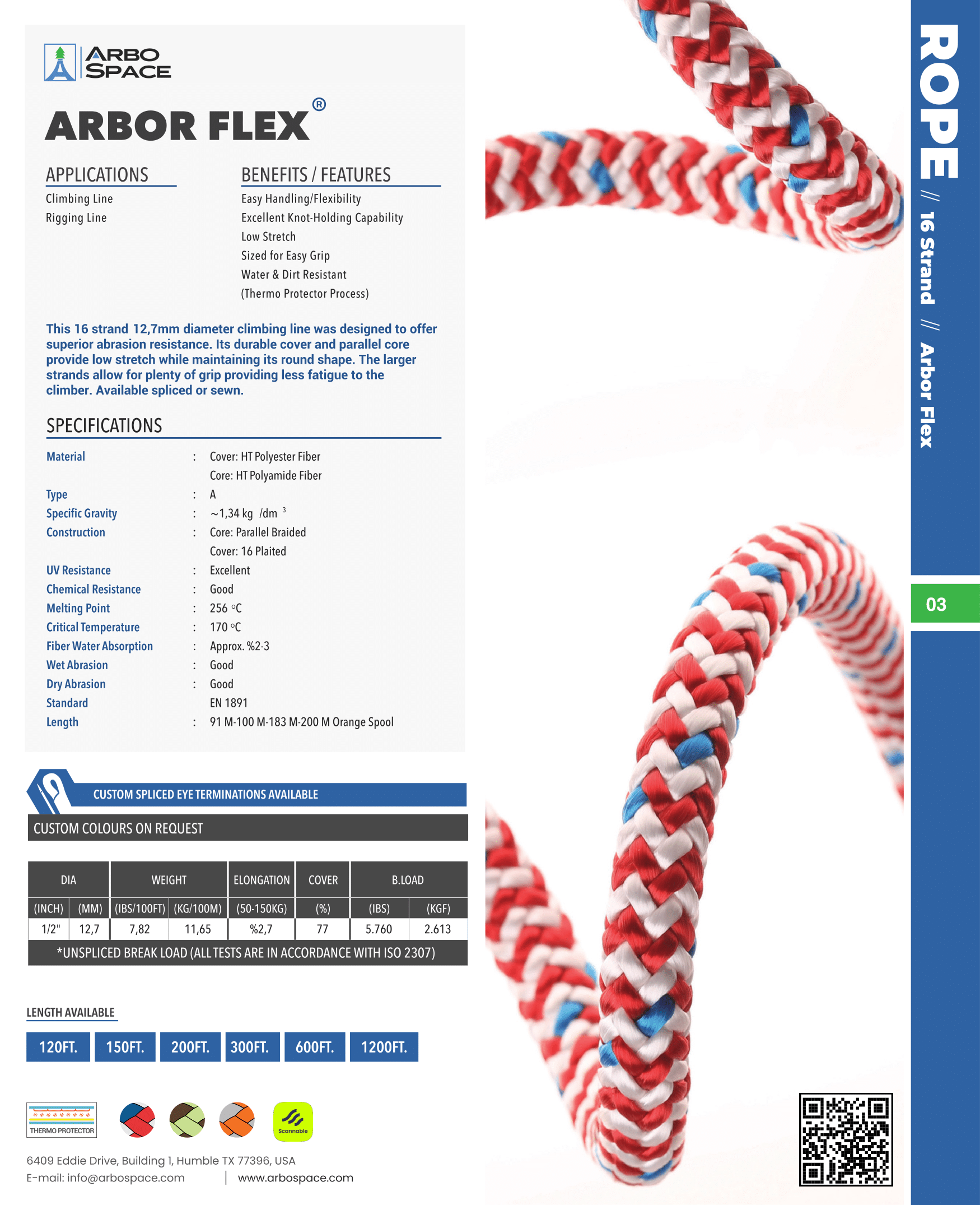 Arbor Flex II 12.7mm 16-Strand Climbing Rope – 150' or 200' with Tight Eye (Promotional Offer)
